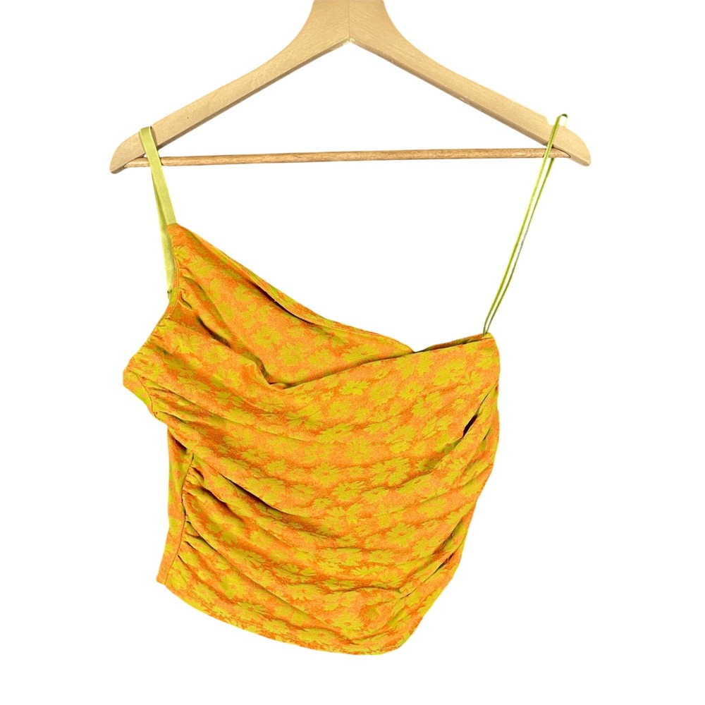 ZARA One Shoulder Ruched Crop Top Orange Green Abstract Print Size Medium - Picture 1 of 9